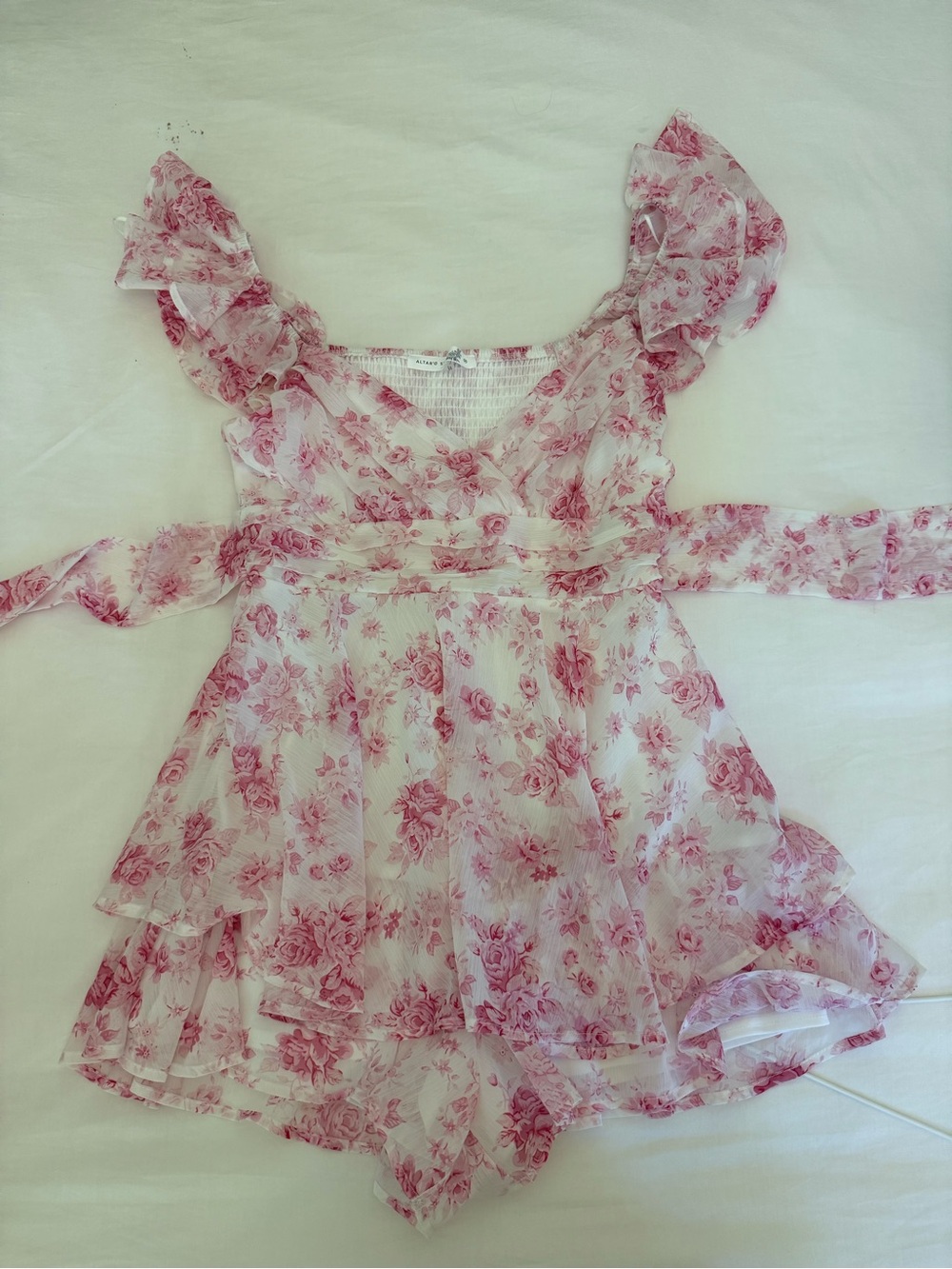 Altar'd State White and Pink Floral Ruffle Romper